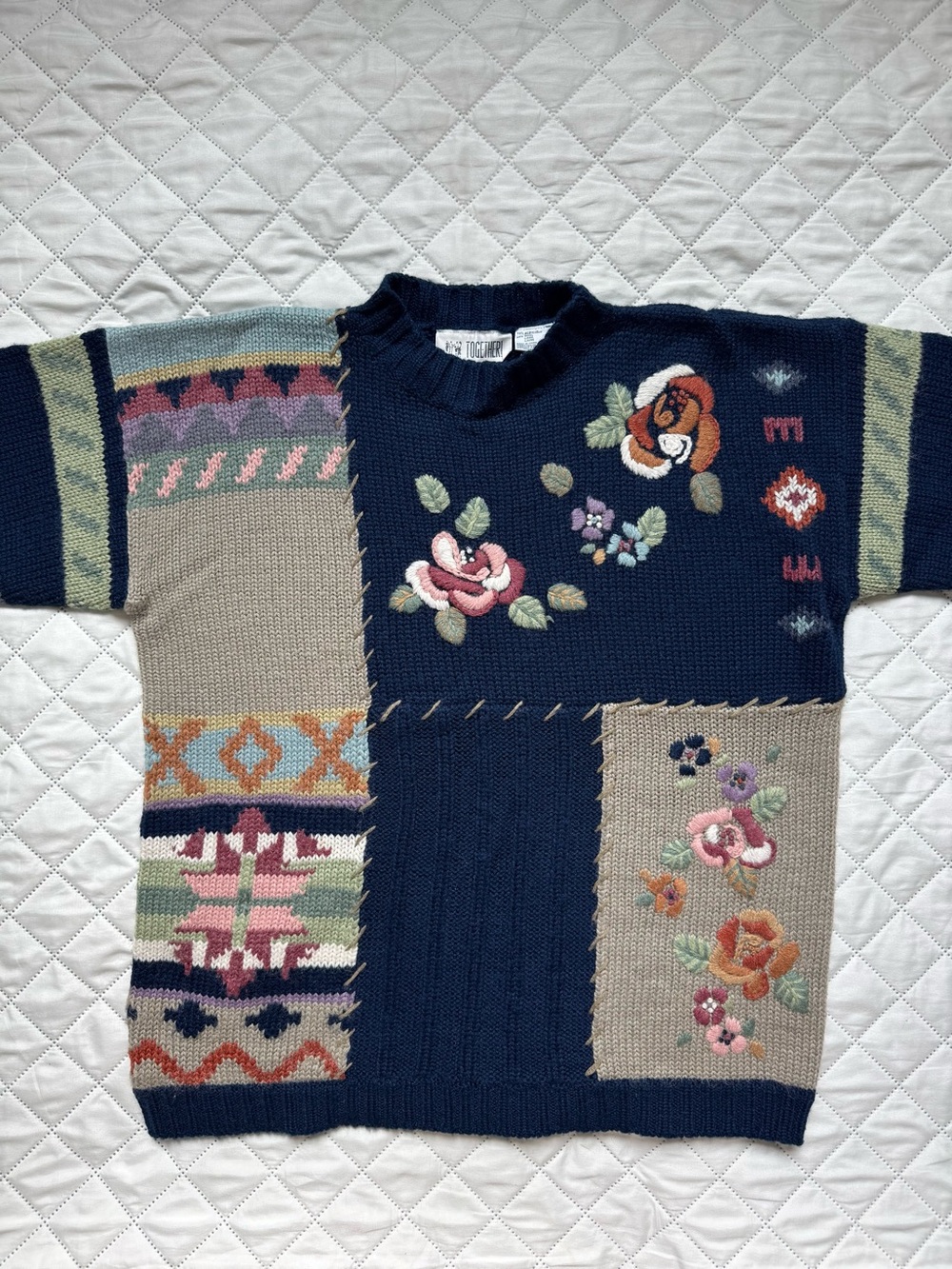 Vintage TOGETHER Patchwork Knit Sweater Floral Embroidered Boho Cottagecore Sz M